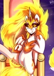 Size: 3600x5000 | Tagged: safe, artist:shadowreindeer, daybreaker, alicorn, pony, g4, armor, female, fiery mane, fiery tail, hoof shoes, looking at you, mane of fire, mare, peytral, princess shoes, sitting, solo, starry background, tail, tail of fire, throne, wing armor, wings