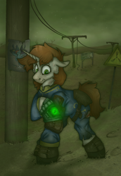 Size: 2000x2899 | Tagged: safe, artist:molars, rainbow dash, oc, oc only, oc:littlepip, pony, unicorn, ashes town, fallout equestria, g4, armor, boots, clothes, complex background, concerned, enclave, fallout equestria oc, female, freckles, glowing, glowing pipbuck, green glow, hoofprints, horn, injured, jumpsuit, leather, leather boots, mare, pip buck, poster, propaganda poster, rad-away, radiation, raised hoof, scar, shoes, short mane, solo, telephone pole, telephone wire, vault 2, vault suit, warning sign, wasteland, worried