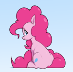 Size: 2475x2464 | Tagged: safe, artist:aquaticvibes, pinkie pie, earth pony, pony, g4, female, frown, gradient background, light blue background, looking back, mare, sitting, solo