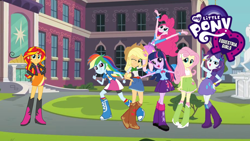 Size: 2560x1440 | Tagged: safe, artist:qbert2kcat, applejack, fluttershy, pinkie pie, rainbow dash, rarity, sunset shimmer, twilight sparkle, human, equestria girls, g4, my little pony equestria girls, 1000 hours in paint.net, arms in the air, belt, blouse, boots, bowtie, bracelet, button-up shirt, canterlot high, cheering, clothes, collar, cowboy boots, cowboy hat, denim, denim skirt, elbowed sleeves, excited, female, freckles, grin, hairpin, hand on hip, happy, hat, high heel boots, holding arm, humane five, humane seven, humane six, jacket, jewelry, jumping, leather, leather jacket, lidded eyes, long sleeves, makeup, open mouth, open smile, pointing at self, polka dot socks, pose, puffy sleeves, rainbow socks, school, shirt, shoes, short sleeves, skirt, sleeveless, smiling, socks, spread arms, standing, striped socks, t-shirt, tank top, top, vest, wide hips, wide smile, wristband