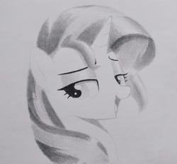 Size: 2288x2120 | Tagged: safe, artist:mizhisha, sunset shimmer, pony, unicorn, g4, bust, female, grayscale, horn, looking back, mare, monochrome, open mouth, open smile, pencil drawing, smiling, solo, traditional art