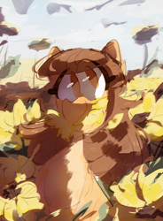 Size: 2205x3000 | Tagged: safe, artist:pakmur, oc, oc only, earth pony, pony, background pony, brown eyes, commission, cute, eating, female, flower, looking at you, simple background, smiling, smiling at you, solo, summer, sunflower, ych result, yellow background