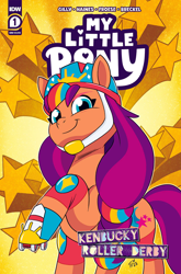 Size: 1000x1518 | Tagged: safe, artist:trish forstner, idw, sunny starscout, earth pony, pony, g5, kenbucky roller derby #1, my little pony: kenbucky roller derby, 2023, 2d, comics, cover, cover art, cute, female, helmet, knee pads, looking at you, looking down, looking down at you, mane stripe sunny, mare, raised hoof, roller skates, skates, smiling, smiling at you, smirk, solo, stars, sunnybetes, tail, variant cover