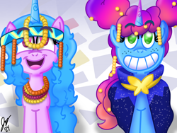 Size: 2160x1620 | Tagged: safe, artist:jesslmc16, izzy moonbow, misty brightdawn, pony, unicorn, g5, heavy is the mane that wears the fruit crown, my little pony: tell your tale, spoiler:g5, spoiler:my little pony: tell your tale, spoiler:tyts02e02, afro puffs, alternate hairstyle, beads, cape, clothes, crystal brighthouse, cute, digital art, duo, duo female, female, freckles, headband, horn, izzybetes, mare, mistybetes, poofy mane, procreate app, rebirth misty, scene interpretation, signature, smiling, tiled background, tiled floor