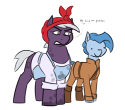 Size: 1688x1476 | Tagged: safe, artist:moonatik, oc, oc only, earth pony, pony, belt, boots, clothes, colored sketch, female, headband, husband and wife, larger female, male, mare, military uniform, overalls, shirt, shoes, size difference, sketch, stallion, uniform