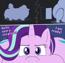 Size: 2648x2570 | Tagged: safe, artist:rupert, starlight glimmer, pony, unicorn, series:catbird 3's colossal squish program, g4, both cutie marks, butt, chubby cheeks, colored, fat, female, horn, incentive drive, large butt, mare, monochrome, obese, onomatopoeia, plot, rolls of fat, silhouette, starlard glimmer, text