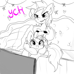 Size: 2048x2048 | Tagged: safe, artist:kristina, oc, oc only, alicorn, earth pony, pegasus, pony, unicorn, commission, controller, couch, couple, duo, horn, love, monochrome, television, ych result
