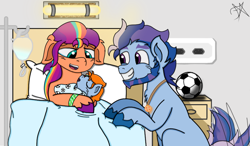 Size: 3873x2260 | Tagged: safe, artist:dawkinsdalmatian, argyle starshine, sunny starscout, oc, oc:sol starshine, earth pony, pony, g5, alternate universe, baby, baby pony, bags under eyes, ball, bed, crying, dragon ball, dragon ball (object), father and child, father and daughter, father and son, female, floppy ears, football, hospital, hospital bed, human shoulders, inbred, incest, jewelry, male, mane stripe sunny, mother and child, newborn, offspring, parent:argyle starshine, parent:sunny starscout, parents:sunny starshine, product of incest, regalia, ship:sunny starshine, shipping, sports, straight, tail, tail wag, tears of joy, trio, wristband