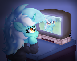 Size: 2556x2022 | Tagged: safe, artist:background basset, lyra heartstrings, pony, unicorn, clothes, dig the swell hoodie, female, filly, filly lyra, foal, hoodie, horn, simple background, solo, table, television, younger