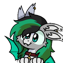 Size: 500x500 | Tagged: safe, artist:sugar morning, oc, oc only, oc:geoplix, draconequus, animated, bat wings, collar, ear piercing, fangs, femboy, four ears, male, paws, piercing, simple background, solo, transparent background, wing piercing, wings