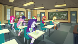 Size: 1920x1080 | Tagged: safe, applejack, fluttershy, pinkie pie, rainbow dash, rarity, sunset shimmer, twilight sparkle, blizzard or bust, equestria girls, equestria girls specials, g4, my little pony equestria girls: holidays unwrapped, classroom, detention, mane six