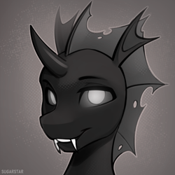 Size: 1880x1880 | Tagged: safe, artist:sugarstar, oc, oc only, changeling, changeling oc, fangs, horn, icon, smiling, solo