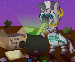 Size: 3200x2651 | Tagged: safe, artist:sweetielover, zecora, zebra, g4, baby, battery, book, box, cauldron, countryside, diaper, female, flower, glowing, high res, night, plant, rock, solo, standing, stick, toy