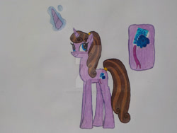 Size: 1032x774 | Tagged: safe, artist:violetrose13-art, oc, oc only, oc:violet rose, pony, unicorn, g4, deviantart watermark, female, horn, long legs, mare, obtrusive watermark, solo, traditional art, watermark