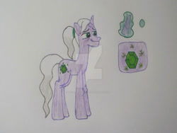 Size: 1032x774 | Tagged: safe, artist:violetrose13-art, oc, oc only, oc:shimmering satin, pony, unicorn, g4, deviantart watermark, elderly, female, horn, long legs, mare, obtrusive watermark, solo, traditional art, watermark