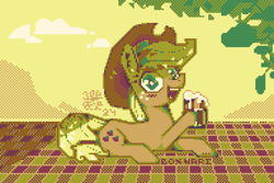 Size: 1920x1280 | Tagged: safe, artist:boxwari, applejack, earth pony, pony, g4, cider, cider mug, digital art, female, hoof hold, limited palette, looking at you, lying down, mare, mug, open mouth, open smile, outdoors, picnic blanket, pixel art, prone, signature, smiling, smiling at you, solo