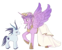 Size: 2000x1600 | Tagged: safe, artist:acclorat, princess cadance, shining armor, alicorn, pony, unicorn, g4, clothes, dress, female, height difference, horn, male, mare, meme, messy mane, ship:shiningcadance, shipping, simple background, spread wings, stallion, straight, the bride and the ugly ass groom, toy interpretation, wedding dress, white background, wings