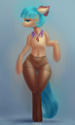 Size: 1200x2000 | Tagged: safe, artist:falses, coco pommel, earth pony, pony, semi-anthro, g4, adorasexy, bedroom eyes, belly, belly button, clothes, crossed legs, cute, digital art, eyelashes, eyes open, female, high res, hips, legs, legs together, legwear, looking at something, looking at you, mare, pantyhose, sexy, shading, socks, solo, tail, thigh highs, thighs, tights