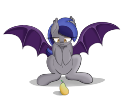 Size: 2500x2000 | Tagged: safe, artist:kenzie, oc, oc only, oc:echo, bat pony, g4, bat wings, belly button, female, food, front view, fruit, hooves to the chest, looking at something, mango, mare, simple shading, solo, spread wings, wings
