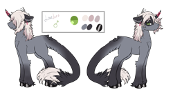 Size: 1600x840 | Tagged: safe, artist:squeezymouse, oc, oc only, oc:lovelorn, pony, unicorn, ai interpretation, black hooves, cat tail, dragon tail, ear piercing, eye clipping through hair, eyebrows, eyebrows visible through hair, hair over one eye, hooves, horn, horn jewelry, jewelry, male, piercing, reference sheet, shiny hooves, simple background, solo, solo male, stallion, tail, transparent background, unshorn