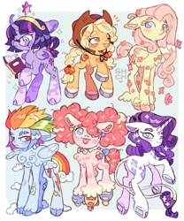 Size: 1533x1846 | Tagged: safe, artist:sharpycharot, applejack, fluttershy, pinkie pie, rainbow dash, rarity, twilight sparkle, alicorn, butterfly, earth pony, pegasus, pony, unicorn, g4, 3d cutie mark, :p, alternate design, ankle wings, applejack's hat, bandage, bandaid, beanbrows, beauty mark, belly fluff, big crown thingy, book, bow, bowtie, braid, braided ponytail, braided tail, chest fluff, cloud, cloven hooves, colored eartips, colored eyelashes, colored hooves, colored horn tip, colored pinnae, colored wings, colored wingtips, coronet (coat marking), cowboy hat, curved horn, ear piercing, earring, ears back, element of magic, emanata, eyebrow slit, eyebrows, female, fetlock tuft, flower, flower in hair, flower in tail, folded wings, freckles, glasses, group, hat, hoof shoes, horn, jewelry, leg freckles, leonine tail, mane six, mare, mismatched shoes, one eye closed, passepartout, piercing, pigtails, pink eyelashes, ponytail, reading, regalia, roller skates, rollerblades, round glasses, sextet, short hair rainbow dash, short tail, skates, sparkles, sparkly mane, sparkly tail, split tail, sprinkles in hair, tail, tail bow, tongue out, twilight sparkle (alicorn), underhoof, unshorn fetlocks, winged hooves, wings, wink
