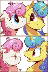 Size: 1000x1500 | Tagged: safe, artist:candy meow, lemon hearts, twinkleshine, pony, unicorn, 2 panel comic, cartoon physics, chest fluff, comic, duo, ear fluff, female, floppy ears, food, horn, lemon, lemon meme, looking at each other, looking at someone, mare, meme, name joke, puckered face, scrunchy face, shocked, simple background, smiling, sour, tongue out, white background