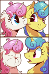 Size: 1000x1500 | Tagged: safe, artist:candy meow, lemon hearts, twinkleshine, pony, unicorn, g4, 2 panel comic, cartoon physics, chest fluff, comic, cute, duo, ear fluff, female, floppy ears, food, horn, lemon, lemon meme, looking at each other, looking at someone, mare, meme, name joke, puckered face, scrunchy face, shocked, simple background, smiling, sour, tongue out, white background