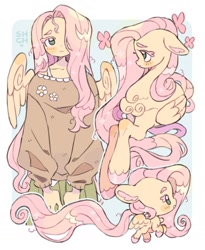 Size: 1473x1798 | Tagged: safe, artist:sharpycharot, fluttershy, pegasus, pony, anthro, g4, chest fluff, clothes, female, lying down, mare, passepartout, prone, self paradox, self ponidox, solo, unshorn fetlocks