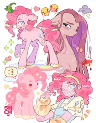 Size: 1536x1969 | Tagged: safe, artist:sharpycharot, gummy, pinkie pie, alligator, earth pony, human, pony, g4, :3, :d, arm warmers, broken hearts, cake, chest fluff, clothes, colored hooves, colored pinnae, crying, emanata, emoji, female, floating heart, food, hairband, headband, heart, heartbreak, mare, open mouth, open smile, pie, pinkamena diane pie, puddle, self paradox, self ponidox, smiling, sparkles, sparkly mane, sparkly tail, speech bubble, standing, stormcloud, tail, teary eyes, tongue out, unshorn fetlocks, wet, wet mane, wet mane pinkie pie, xd