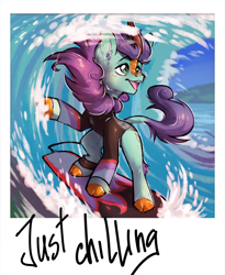 Size: 1600x1955 | Tagged: safe, artist:lonerdemiurge_nail, oc, oc only, oc:searing cold, kirin, pony, clothes, kirin oc, ocean, solo, sunlight, surfboard, surfing, swimsuit, water