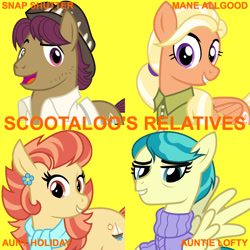 Size: 1080x1080 | Tagged: safe, artist:cheezedoodle96, edit, editor:jaredking779, aunt holiday, auntie lofty, mane allgood, snap shutter, earth pony, pegasus, pony, g4, clothes, female, hat, male, mare, scarf, shirt, simple background, spread wings, stallion, sweater, wings, yellow background