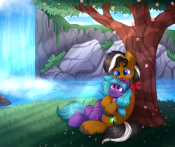 Size: 5500x4630 | Tagged: safe, artist:madelinne, oc, oc only, earth pony, unicorn, absurd resolution, bow, duo, earth pony oc, flower, grass, hair bow, horn, hug, looking at each other, looking at someone, male, stallion, tree, unicorn oc, water, waterfall