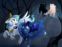 Size: 3924x3000 | Tagged: safe, artist:anotherdeadrat, princess celestia, princess luna, alicorn, pony, wolf, g4, commission, commissioner:shaddar, crown, female, forest, hati, hoof shoes, jewelry, mare, nature, norse mythology, regalia, running away, skoll, spread wings, tree, wings