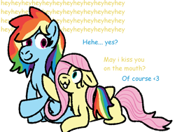 Size: 1725x1300 | Tagged: safe, artist:zoeyhorse, fluttershy, rainbow dash, pegasus, pony, g4, cute, dashabetes, dialogue, female, floppy ears, imminent kissing, lesbian, lying down, mare, open mouth, open smile, prone, ship:flutterdash, shipping, shyabetes, simple background, size difference, smiling, white background