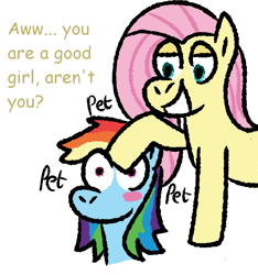 Size: 922x986 | Tagged: safe, artist:zoeyhorse, fluttershy, rainbow dash, pegasus, pony, g4, blush sticker, blushing, bust, dialogue, female, head pat, lesbian, lidded eyes, mare, onomatopoeia, open mouth, open smile, pat, petting, ship:flutterdash, shipping, simple background, smiling, white background