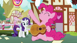 Size: 1280x720 | Tagged: safe, screencap, pinkie pie, rarity, earth pony, pony, unicorn, g4, honest apple, season 7, duo, duo female, eyes closed, female, guitar, horn, kneeling, musical instrument, playing guitar, playing instrument, ponyville, raised hoof, sitting, smiling