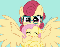 Size: 1600x1250 | Tagged: safe, artist:flutterbug18, fluttershy, posey shy, pegasus, pony, cute, daaaaaaaaaaaw, female, filly, filly fluttershy, floppy ears, hug, hug from behind, light blue background, mother and child, mother and daughter, mother's day, shyabetes, signature, simple background, spread wings, squishy cheeks, wings, younger