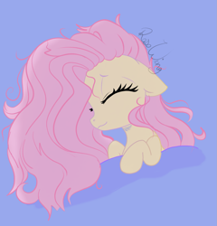 Size: 1363x1418 | Tagged: safe, artist:flutterbug18, fluttershy, pegasus, pony, g4, bed mane, blue background, cute, eyes closed, floppy ears, shyabetes, signature, simple background, sleeping, smiling, solo, tucked in