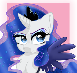 Size: 1760x1655 | Tagged: safe, artist:flutterbug18, rarity, pony, unicorn, bust, cosplay, costume, crown, eyeshadow, fake wings, female, horn, jewelry, lunarity, makeup, mare, passepartout, regalia, smiling, tabitha st. germain, voice actor joke