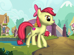 Size: 1200x900 | Tagged: artist needed, safe, apple bloom, earth pony, pony, g4, 3d, 3d pony creator, background, bow, female, future, hair bow, older, older apple bloom, png, ponyville, raised leg, smiling, solo, walking