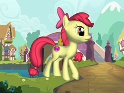 Size: 1200x900 | Tagged: artist needed, safe, apple bloom, earth pony, pony, g4, 3d, 3d pony creator, bow, bridge, female, future, hair bow, older, older apple bloom, png, ponyville, raised leg, smiling, solo, walking