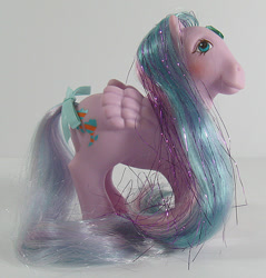 Size: 574x600 | Tagged: safe, brilliant bloom, pegasus, pony, g1, blushing, bow, female, irl, mare, photo, solo, tail, tail bow, toy