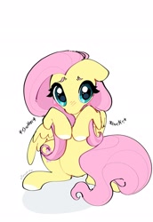 Size: 1413x2048 | Tagged: safe, artist:kawaiisoda_fiz, fluttershy, pegasus, pony, g4, big eyes, blush lines, blush sticker, blushing, cute, female, floppy ears, hooves to the chest, mare, shyabetes, simple background, sitting, solo, white background