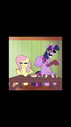 Size: 1080x1920 | Tagged: safe, artist:plum, fluttershy, twilight sparkle, alicorn, bird, chicken, pegasus, pony, undead, animated, burger, chicken meat, chicken nugget, creepypasta, derp, duo, eating, eyes closed, food, gun, horror, meat, murder, open mouth, sound, table, text, twilight sparkle (alicorn), weapon, webm