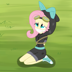 Size: 2000x2000 | Tagged: safe, artist:nie-martw-sie-o-mnie, fluttershy, human, equestria girls, g4, magic duel, arm behind back, bondage, bound and gagged, cloth gag, clothes, converse, costume, cute, dangerous mission outfit, femsub, flutterspy, fluttersub, gag, goggles, goggles on head, hoodie, kneeling, looking at you, rope, rope bondage, shoes, shyabetes, submissive