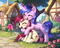 Size: 1280x1024 | Tagged: safe, roseluck, sea swirl, seafoam, earth pony, pony, unicorn, g4, bipedal, bipedal leaning, blushing, cute, day, duo, duo female, eyes closed, female, flower, glowing, glowing horn, horn, house, hug, hug from behind, leaning, looking at you, magic, one eye closed, open mouth, ponyville, sitting, telekinesis, wink, winking at you