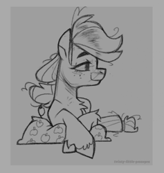 Size: 1024x1078 | Tagged: safe, artist:twistylittlepassages, applejack, earth pony, pony, bed mane, chest fluff, gray background, grayscale, hatless, lidded eyes, missing accessory, monochrome, morning ponies, signature, simple background, smiling, solo, traditional art