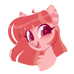 Size: 787x787 | Tagged: safe, artist:chl0w0, oc, oc only, pony, bust, female, lineless, mare, open mouth, open smile, pink coat, portrait, red mane, simple background, smiling, solo, transparent background