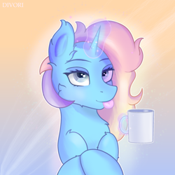Size: 1500x1500 | Tagged: safe, artist:divori, oc, oc only, oc:colorful loss, unicorn, chest fluff, crossed hooves, cup, ear fluff, female, glowing, glowing horn, horn, looking at you, magic, mare, solo, telekinesis, tongue out