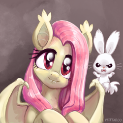 Size: 2048x2048 | Tagged: safe, artist:pfeffaroo, angel bunny, fluttershy, bat pony, pony, rabbit, g4, animal, bat ears, bat ponified, bat wings, duo, duo male and female, ear tufts, fangs, female, flutterbat, high res, looking at you, male, mare, race swap, smiling, smiling at you, wings